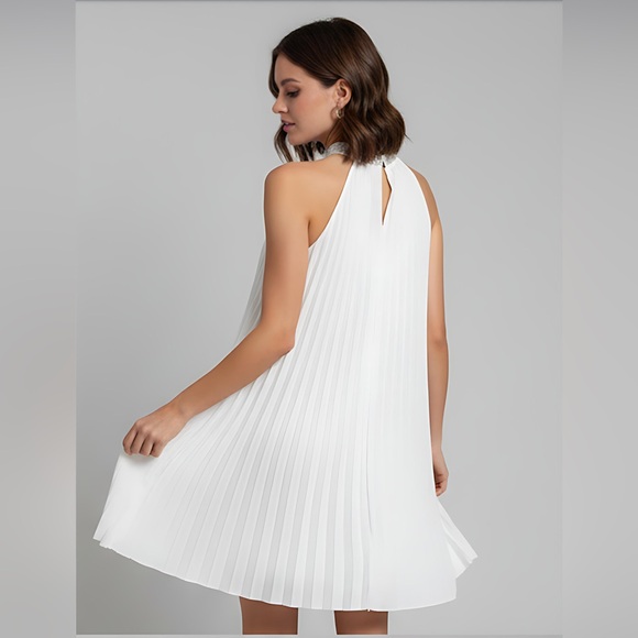 White Sequin Pleated Detail Halter Neck Dress - Picture 5 of 6